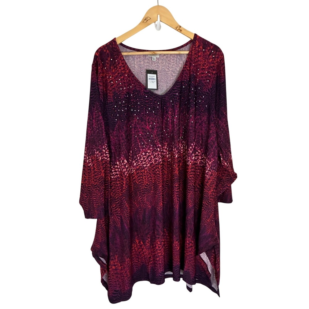Avenue Tunic Top Womens 26/28 Purple Red Feather Print Rhinestone Sharkbite Hem